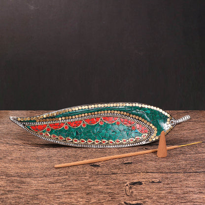 孔雀石珊瑚鑲嵌葉形線香座