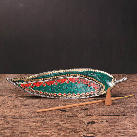 孔雀石珊瑚鑲嵌葉形線香座