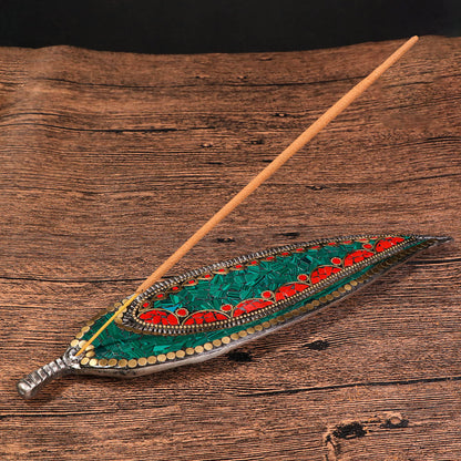 孔雀石珊瑚鑲嵌葉形線香座