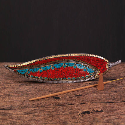 孔雀石珊瑚鑲嵌葉形線香座